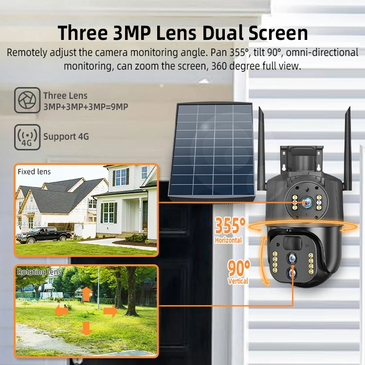 Wholesale 8W 3MP network camera Solar panel 4G security Camera 3 lens multi screen camera