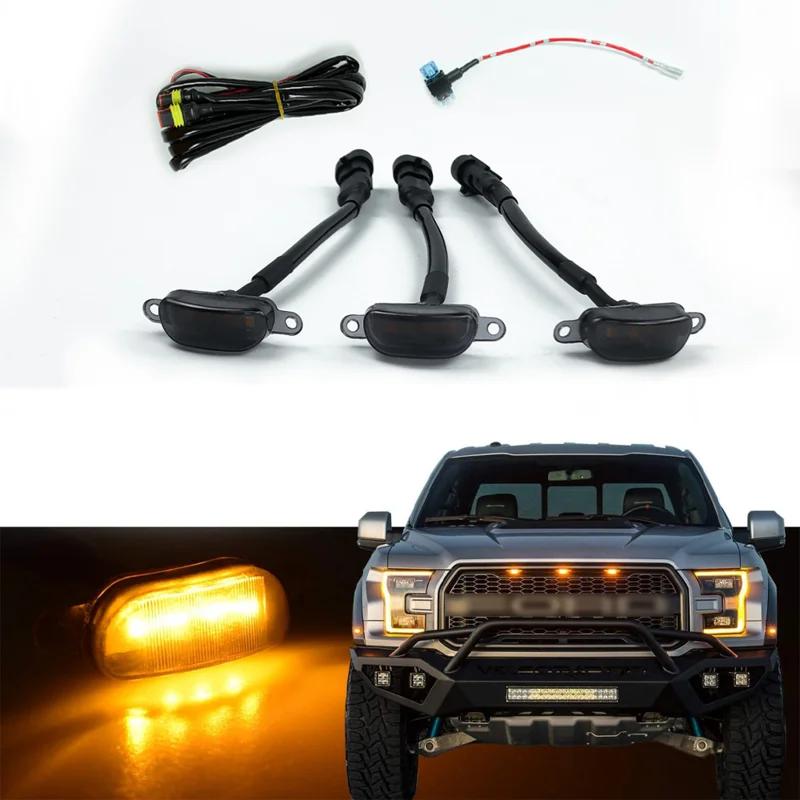 3pcs Amber Light Offroad Pickup Truck Led Grill Lights black lens for Ford F150 F250 F350 Raptor/Dodge Ram 1500