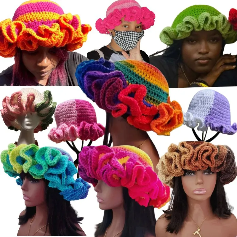 Winter Fashion Pleated Women Knitted Hand-Knit Ruffle Wavy Brim Crochet Ruffled Bucket Hat For Women
