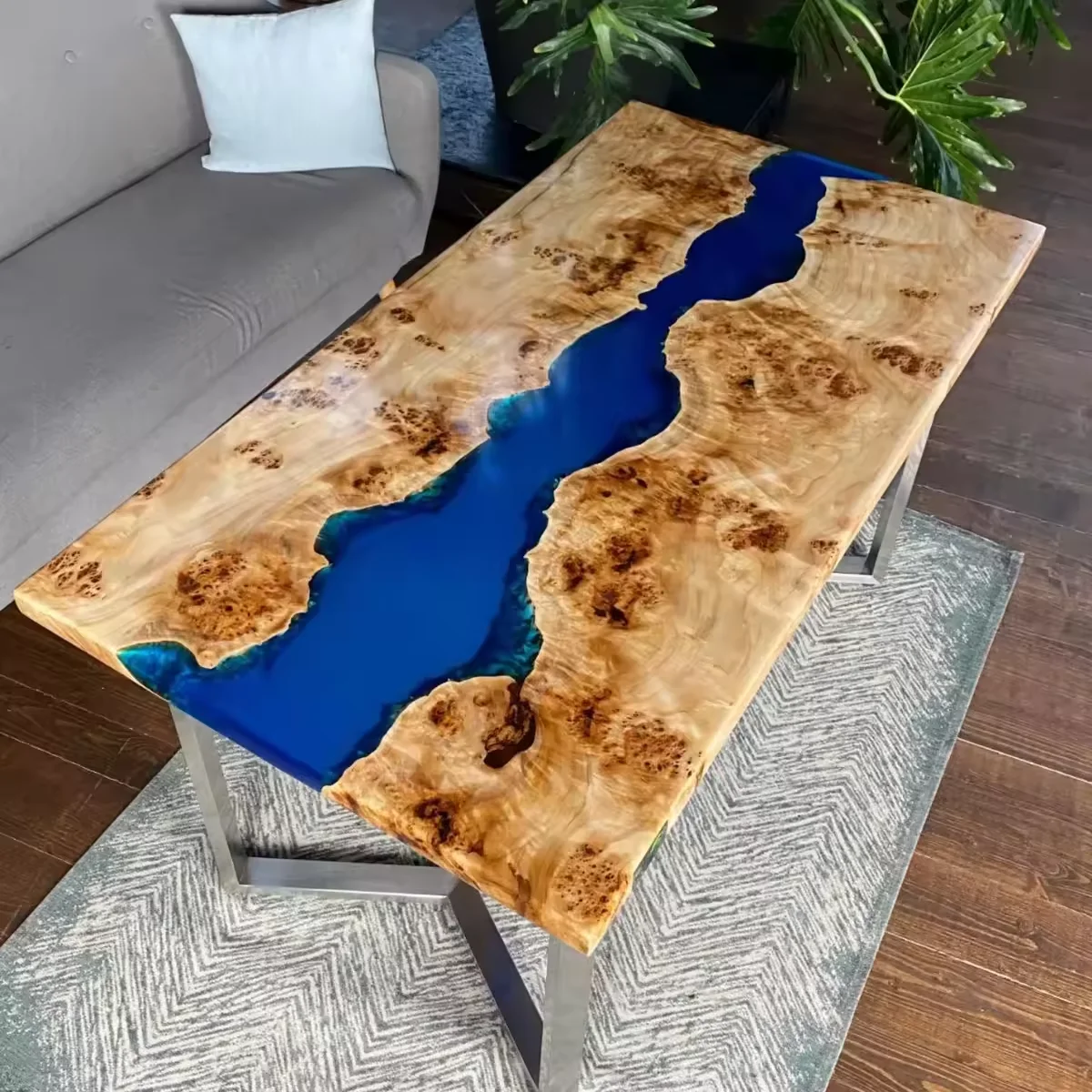 High Quality Fashion Luxury Solid Walnut Wood Restaurant Cafe Rectangular Coffee River Kitchen Epoxy Resin Slab Dining Table