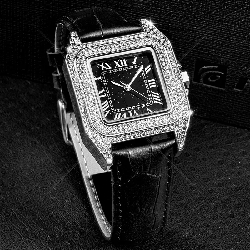 Hot Sale Brown Leather Strap Rose Gold Square Shape Design Alloy Wrist Luxury Girl Women Lady Watch with Big White Diamond Face