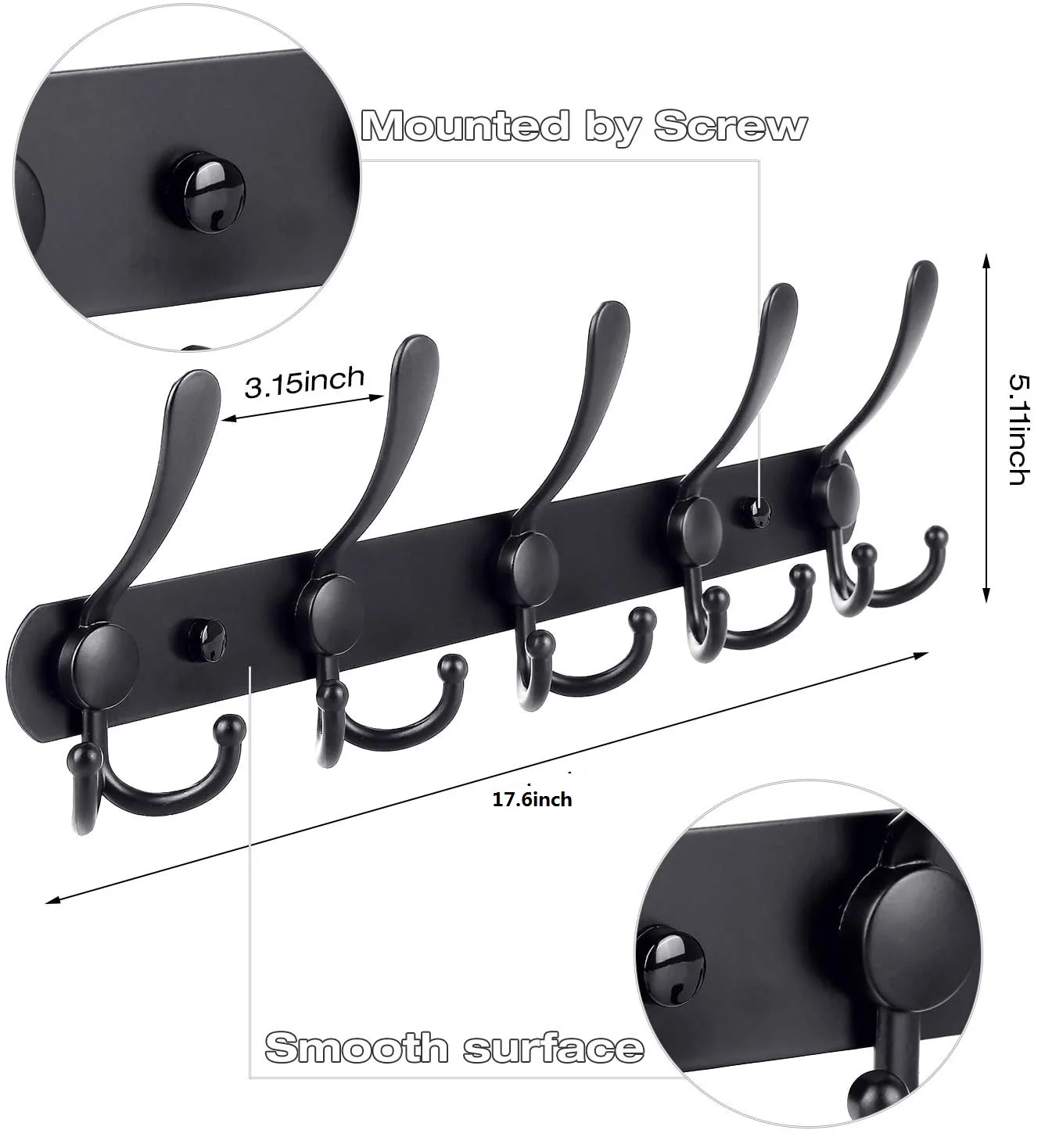 Metal Wall Mounted Coat Rack 5 Tri-Hooks Stainless Steel Towel Shelf for Bathroom Living Room