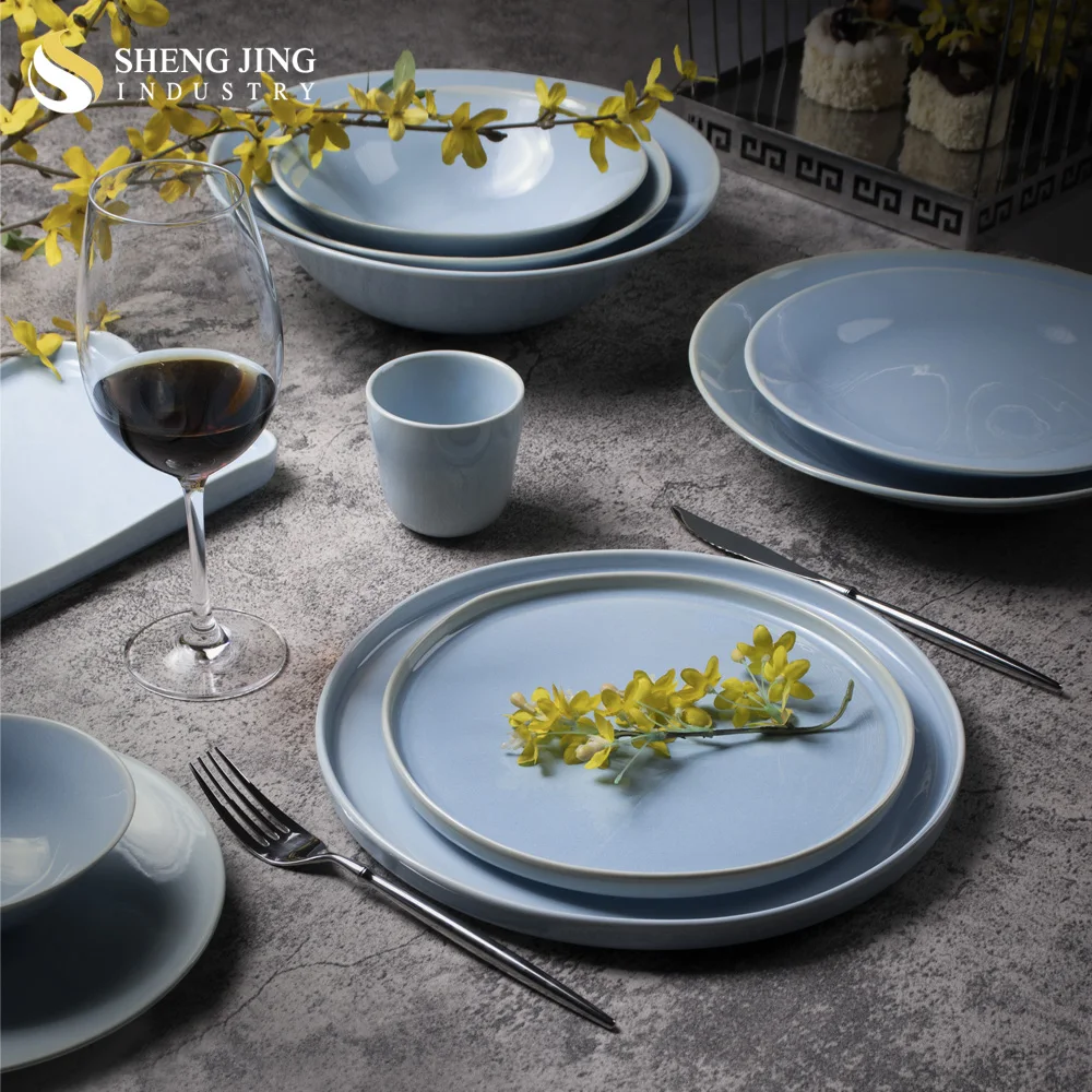 Chaozhou Factory Restaurant Supermarket Modern Light Blue Porcelain Dinnerware Dinner Set Wholesale Bulk Ceramic Tableware