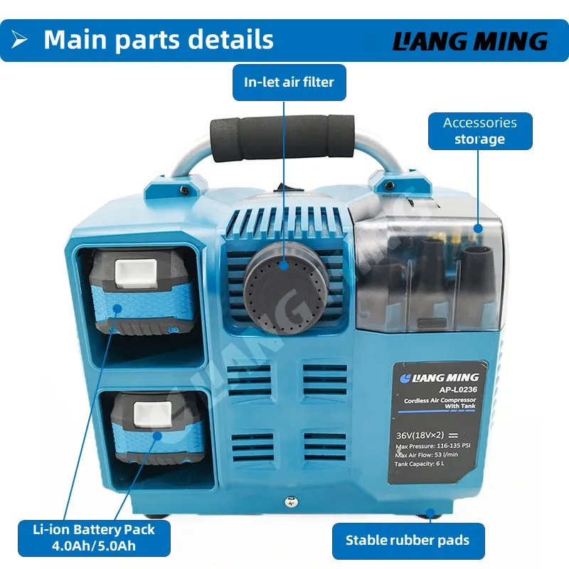 18V Lithium Battery Power Tools Rechargeable Cordless Air Compressor with Tank Electrical Compressor AP-L0236-A