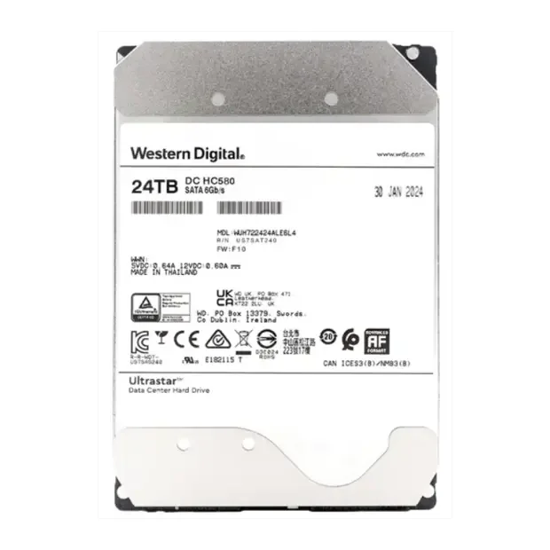 Hard drive for Western Digital enterprise grade helium hard drive Ultrastar HC580 SATA 24TB 7200 RPM 512MB CMR WUH722424ALE6L4