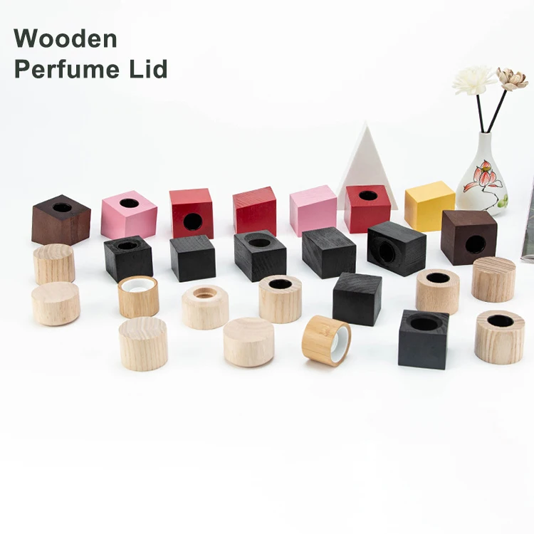 Wholesale Square Cube Wooden Perfume Cap FEA 15mm Perfume Bottle Cap Round Cylinder Glass Parfum Wood Cover