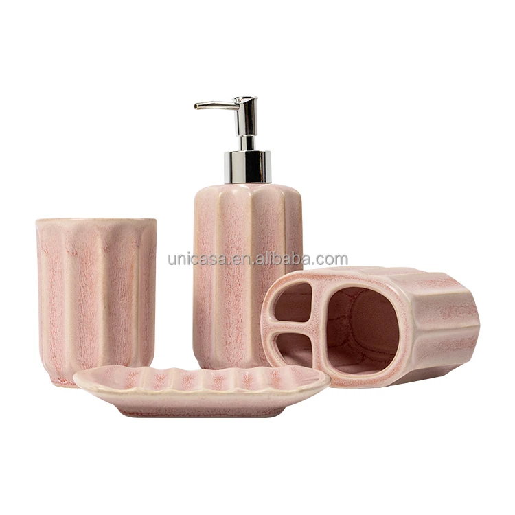 2023 Hot Sale Soap Dispenser Gift Pure Colour Bathroom Accessories Pink with Gold Trim Ceramic Bathroom 4 Piece Bathroom Set