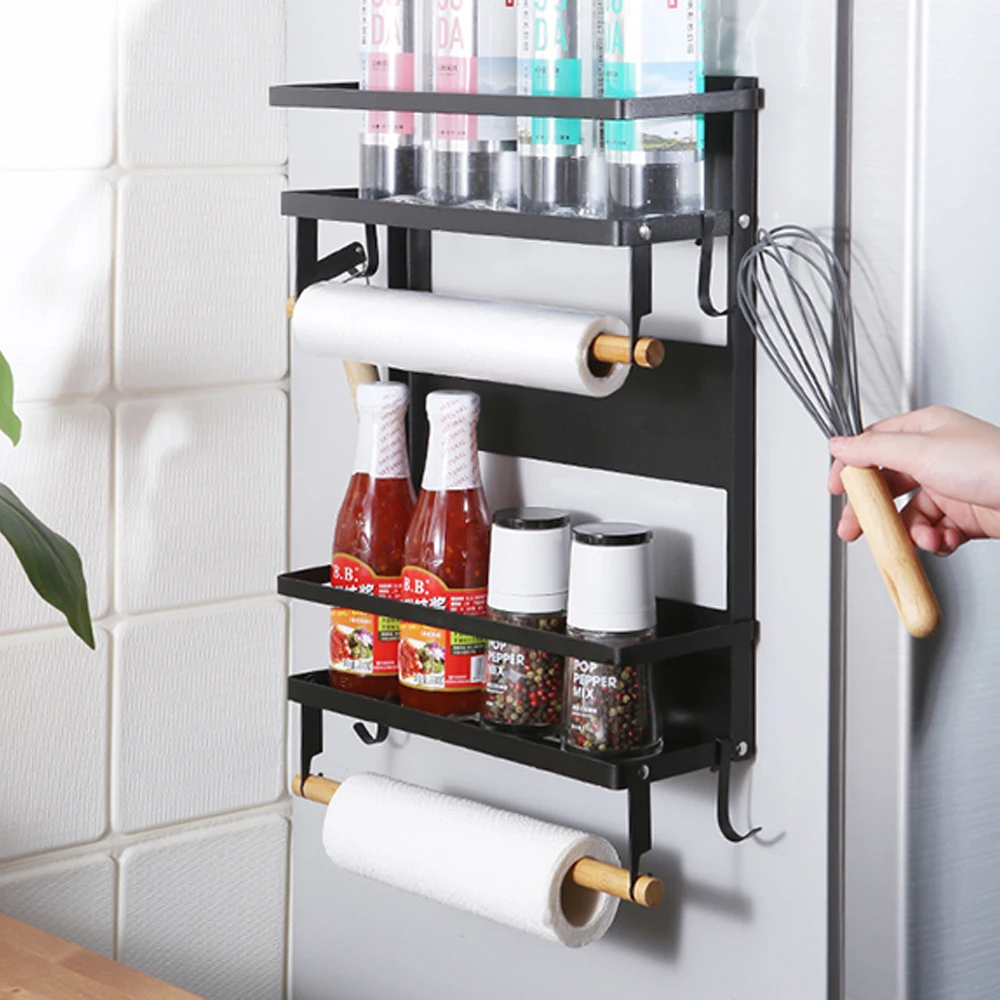 2023 Kitchen Carbon Steel Wall Mounted Spice Shelf Display Hole-free Fresh Film Bag Storage Rack Refrigerator Drink Organizer
