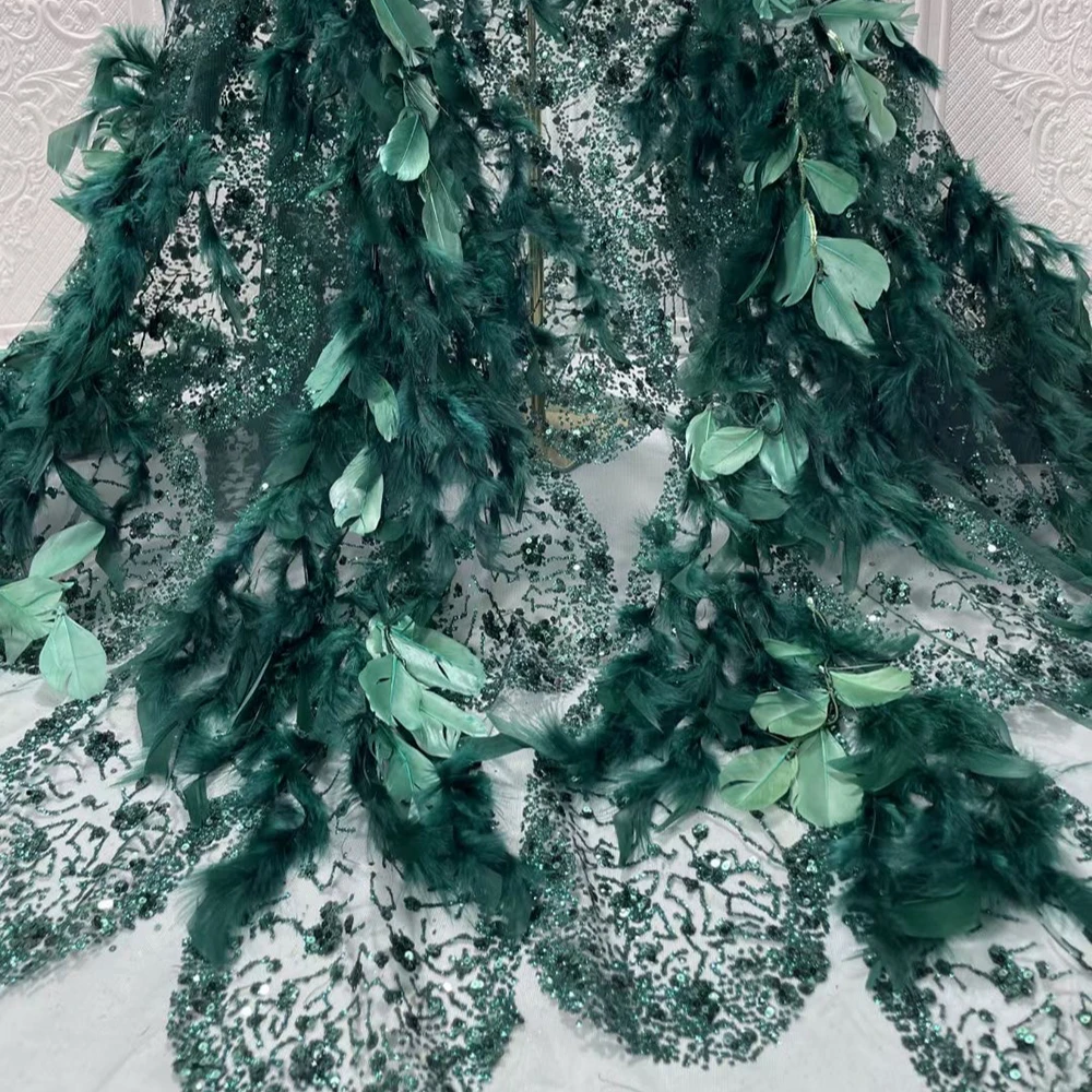 Red Ostrich Feather Lace Fabric Luxury French Tulle Sequin Lace Fabric Wedding Dress Material Fabric For Party Evening Dress