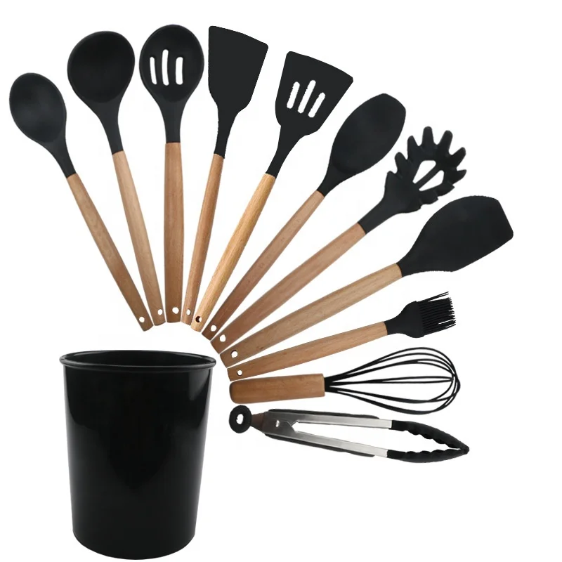 Wooden handle kitchenware 12-piece silicone kitchenware set non-stick cookware silicone spatula soup spoon gift set