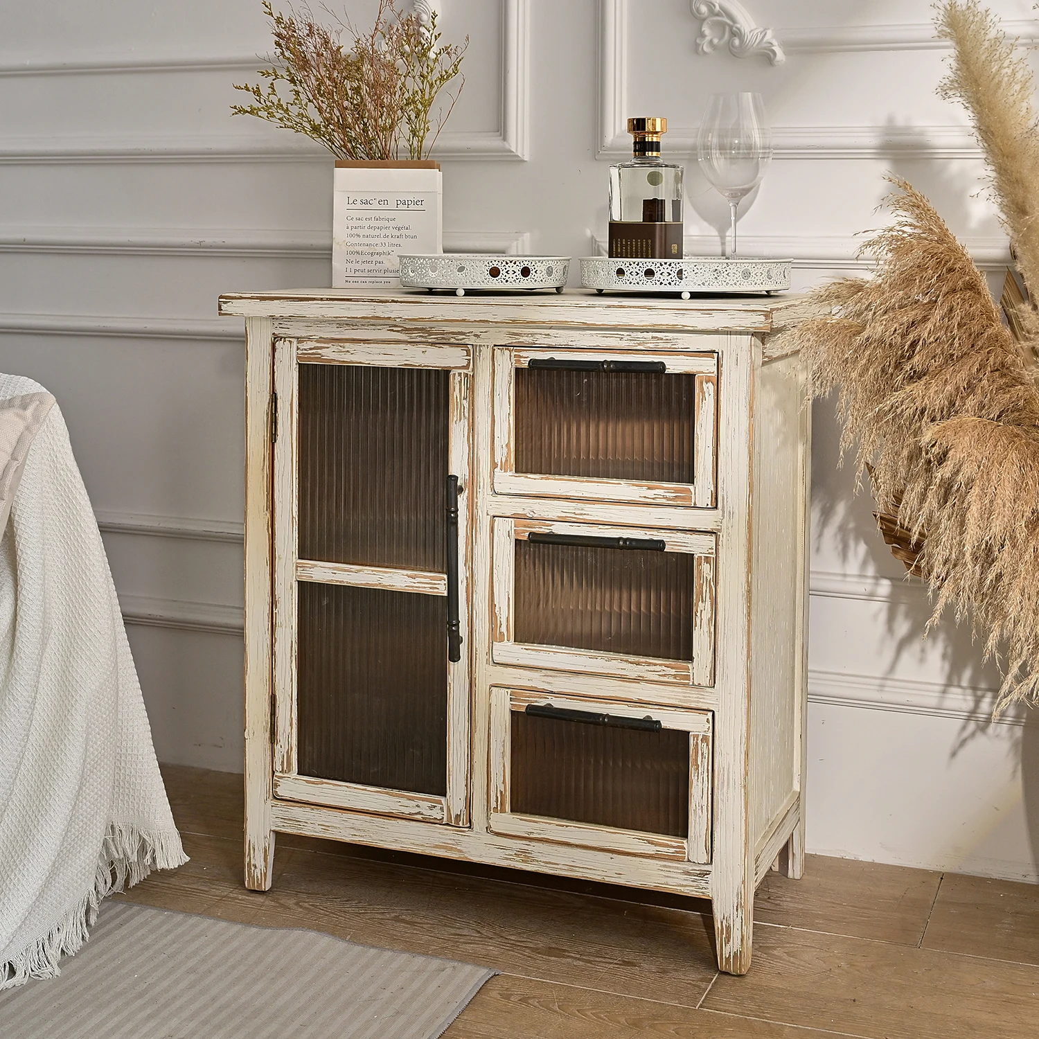 INNOVA Solid Wood Sideboard Rustic White Storage Drawers Glass Door Farmhouse Living Room Accent Cabinet Home Hotel Kitchen Use