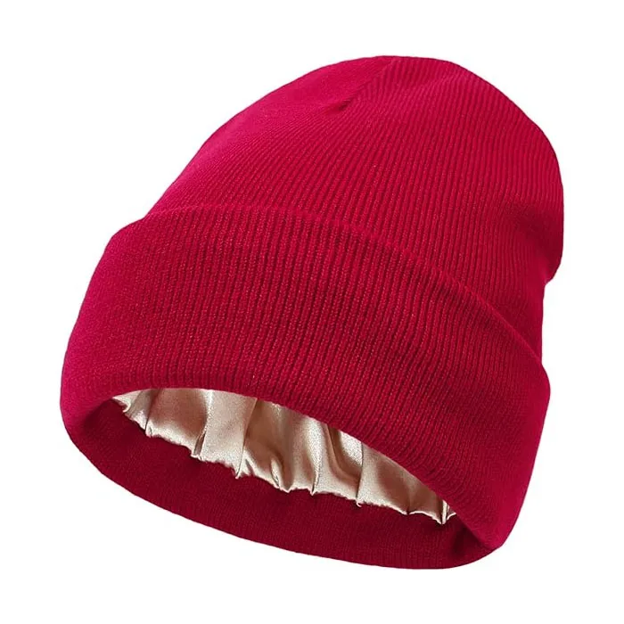 Customized Cuffed Satin Lined Beanie for Women Satin Linned Beanie Hat Soft Silk Lining  Skull Cap Beanie