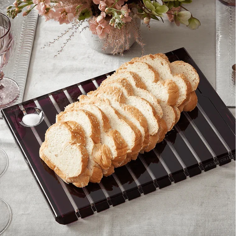 Translucent Glossy Solid Acrylic Striped Silver Challah Board include Magnetic Acrylic Knife