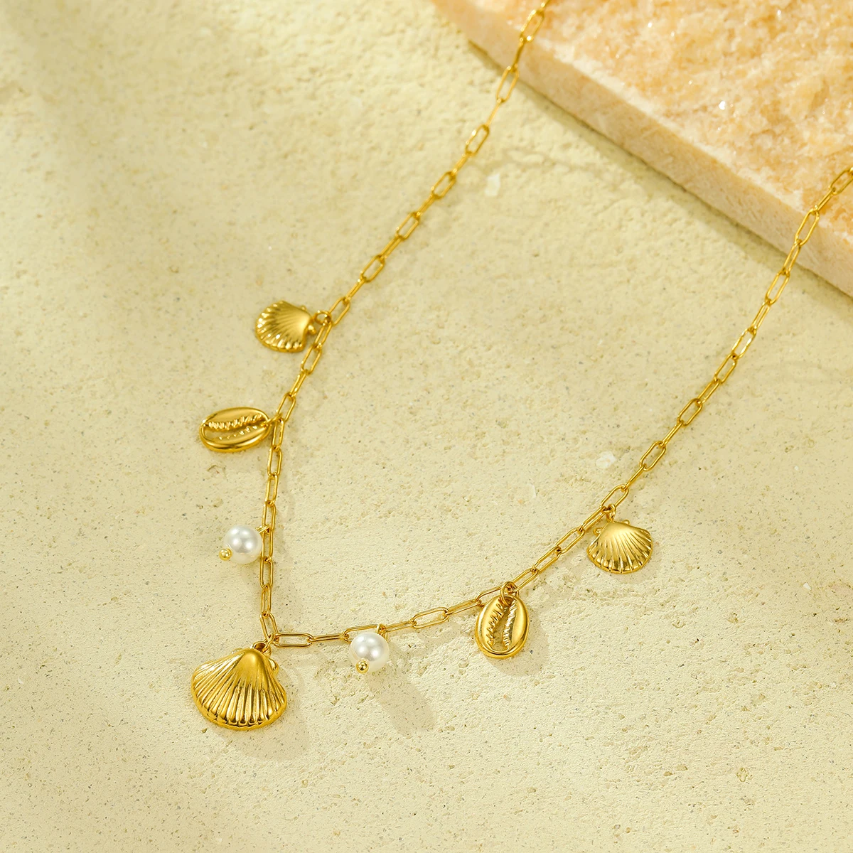 INS hot sale shell charms necklaces waterproof stainless steel 18K PVD gold plated pendant necklace for vacation women girls