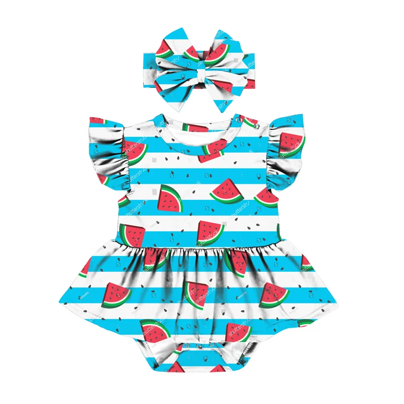 2023 Custom Print Toddler Baby Girls Flutter Short Sleeve One Piece Skirted Romper Bodysuit Outfit