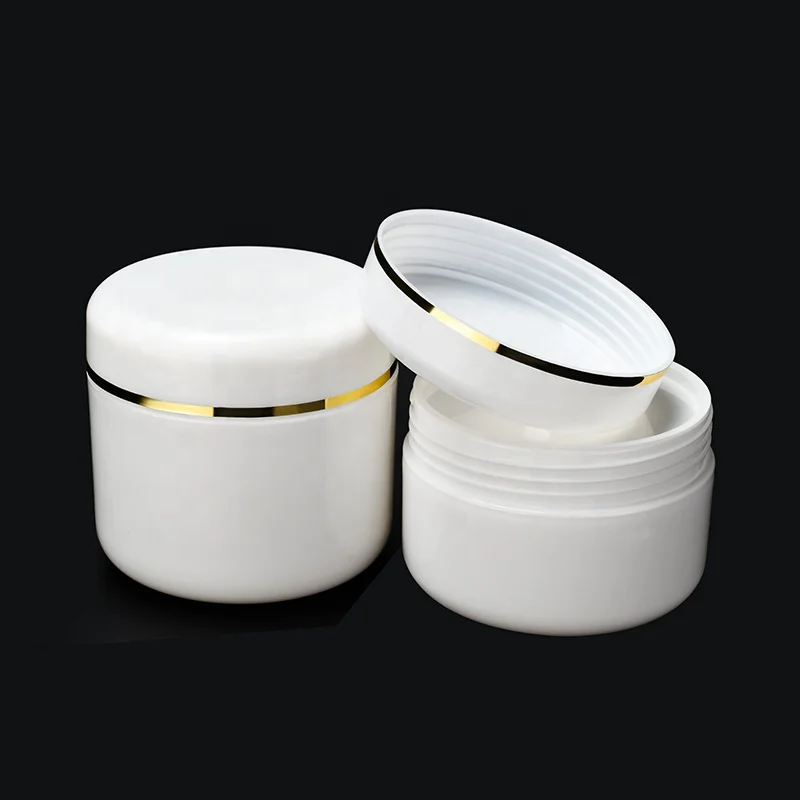 cosmetic cream body scrub container 10g 20g 30g 50g 100g 150g 200g 250g White PP plastic jar with gold silver edge dome lid