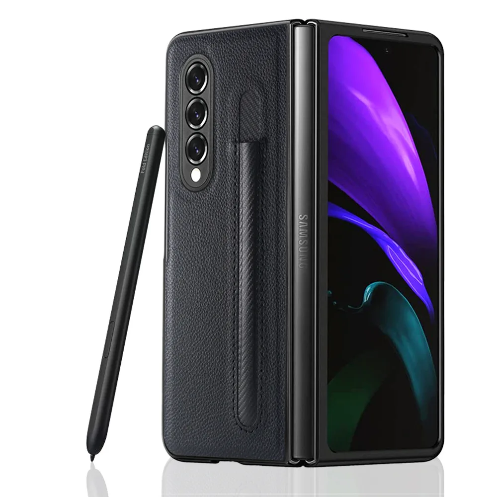 Hot Sale High Quality PU Leather case For Galaxy Z Fold 3 5G with S Pen Holder Shock Proof back Cover