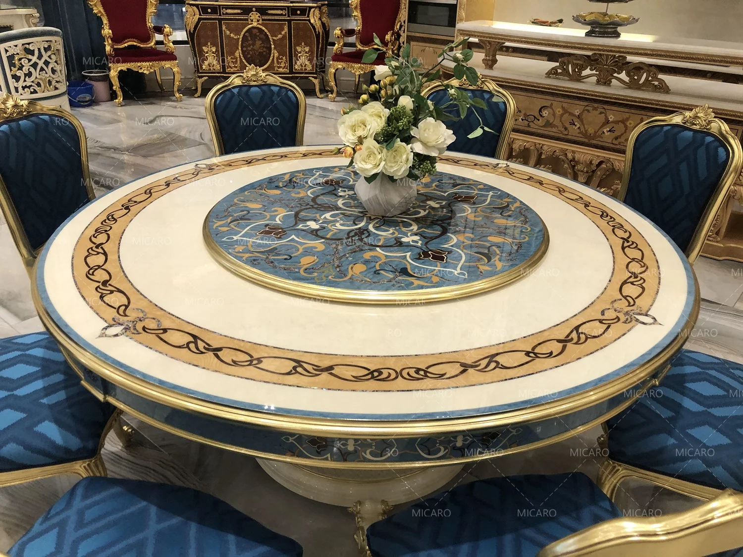 Luxury antique Italian style  solid wood marquetry 8 seater european round dining table with rotating centre