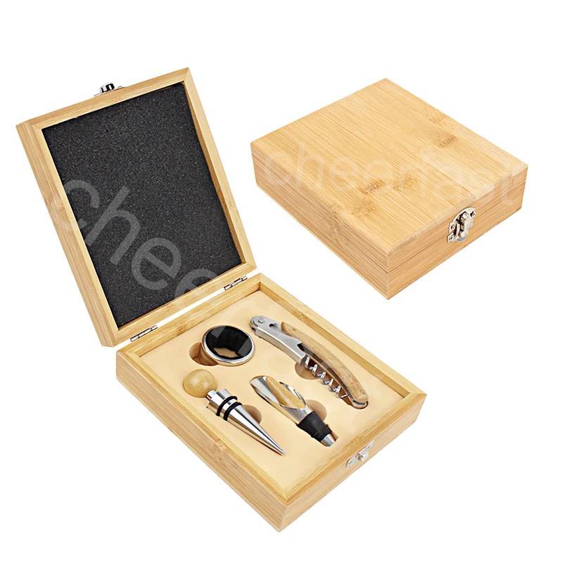 Pretty Wine Wood Corkscrew Kit Bamboo Wooden Box 4 Pieces Bamboo Accessories Wine Tool Set and Bamboo Opener Gift Set