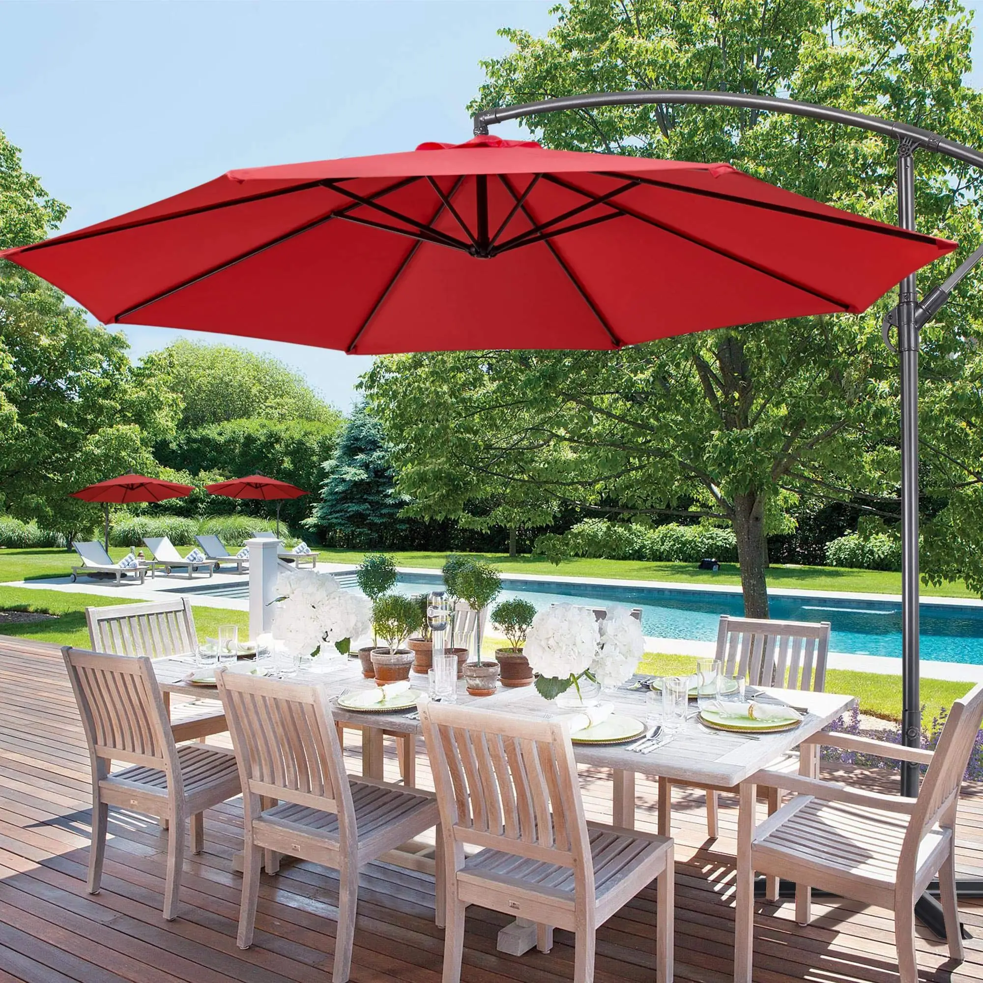 Simple Deluxe 10ft Adjustable Offset Umbrella Outdoor Market Cantilever Sun Umbrella 300cm Red for Garden Lawn backyard and Deck