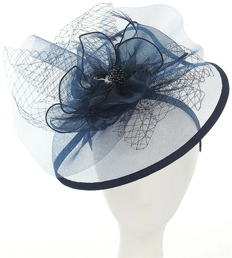 Модная Женская шляпка для вечеринки, свадебные вуалетки, цветочные, темно-синие перья, Вуалетка, повязка на голову