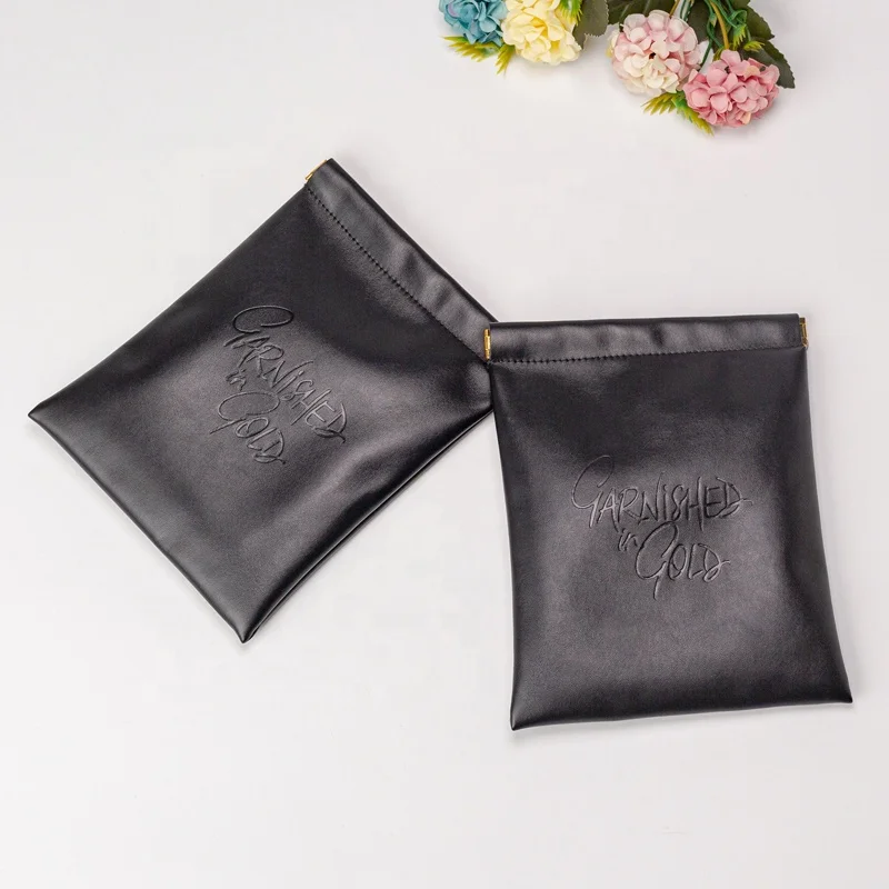 Durable Black Pu Leather Cosmetic Jewelry Bag Portable Travel Cosmetic Toiletry Pouch with Magnet Metal Leather Small Bag Makeup