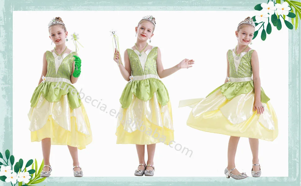 Jurebecia Princess Tiana Costume for Girls Green Frog Dress Kids Dress Up Fancy Halloween Birthday Party Fairy Outfits 3-8T