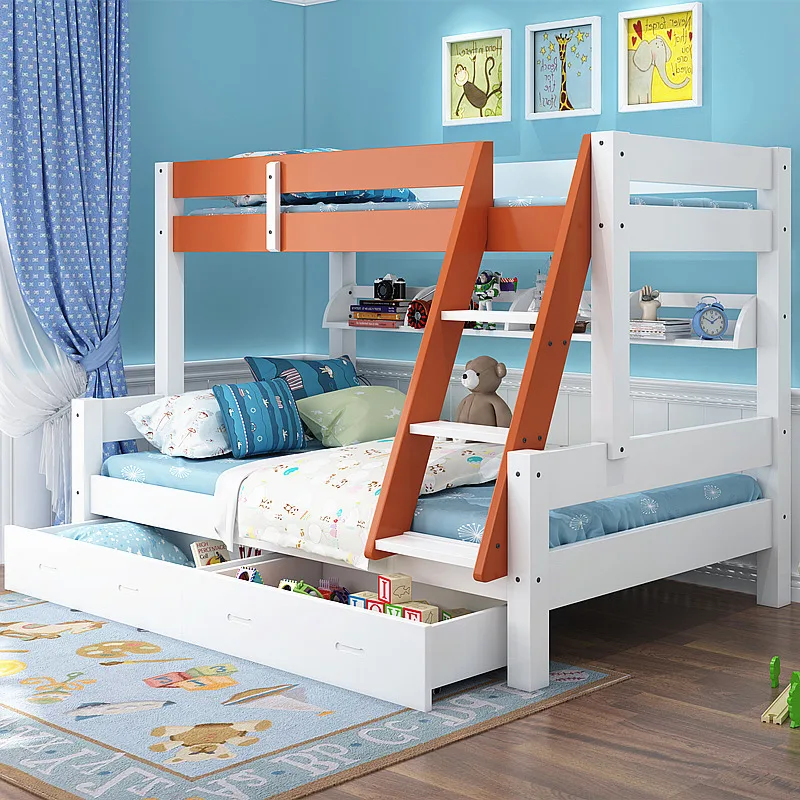 Modern Simple Solid Wood Twin Over Full Pink Bunk Beds with Storage Drawers Loft Bed Ladder
