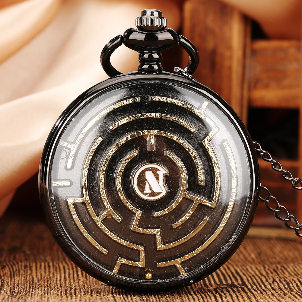 Unique Gift 3D Pinball Maze Game Design Vintage Black Necklace Chain Clock Steampunk Pocket Watch