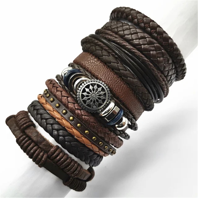 Men Brown Bracelets 10pcs/set Wrap Woven Fashion Handmade Men Bracelets Women Leather Bracelet Men Bangle Wholesale Jewelry Gift