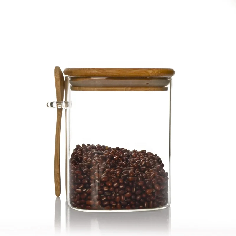Wholesale 1000ml 1200ml 1500ml glass Kitchen Storage Square food Storage glass Jar With bamboo Lid and spoon