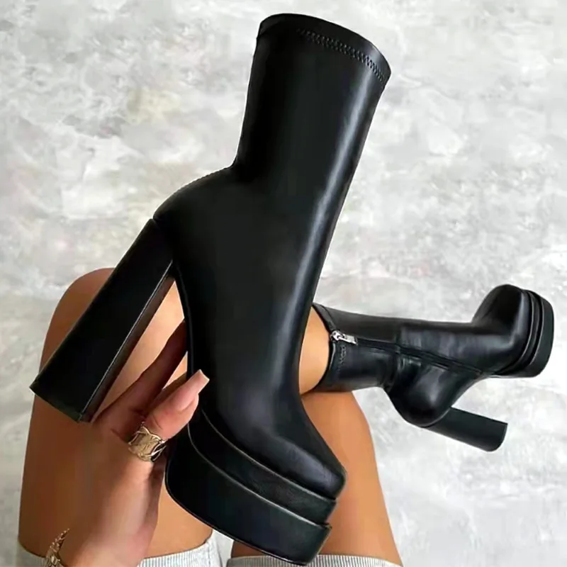 2022 fall winter Designer New Pu Leather Fashion shoes Zipper ladies platform Ankle Boots Chunky Heels Women boots