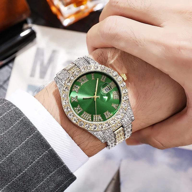 New Luxury design Hip Hop Cuban Men Quartz Watch 18k Gold Plated Stainless Steel Hiphop Bling Full Diamonds Mens Iced Out Watch