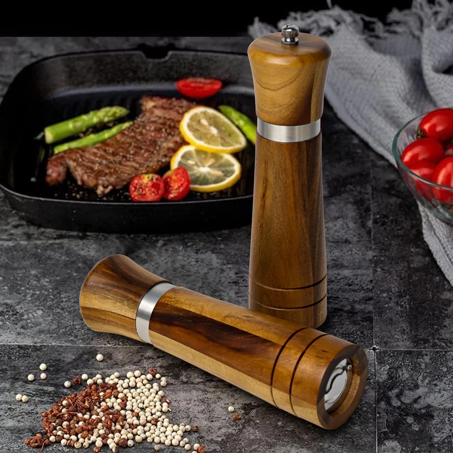 8 Inches Salt Shakers Manual Wooden Salt And Pepper Mills Salt And Pepper Grinder With Adjustable Ceramic Core