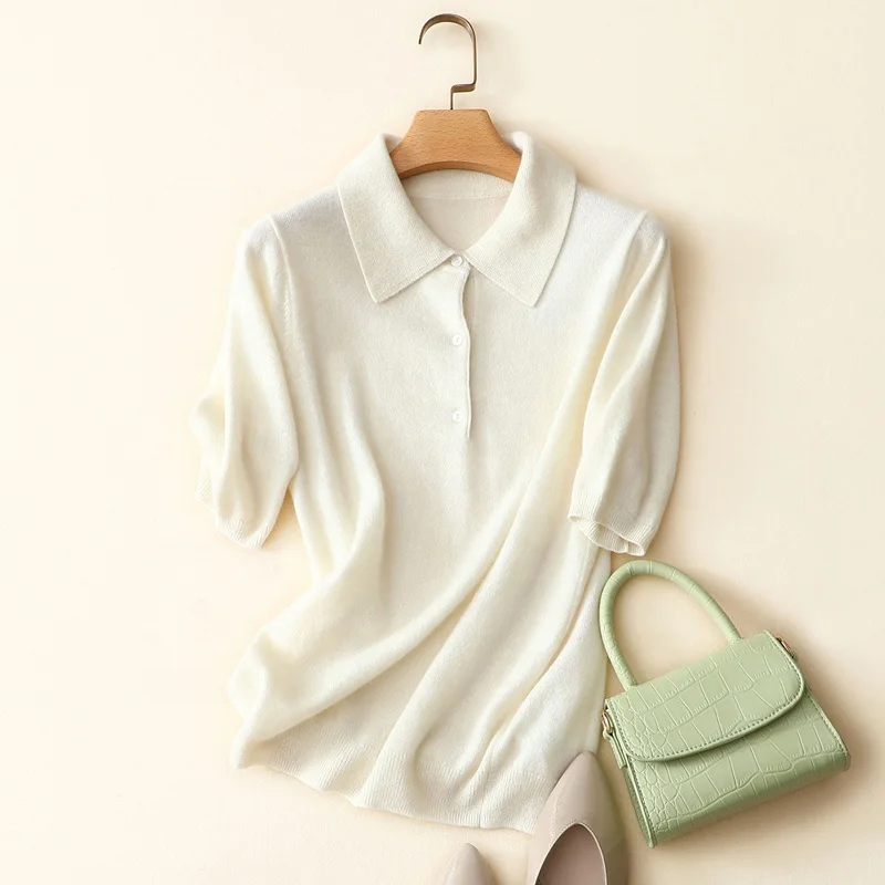 2022 new women pure cashmere polo sweater fashion short sleeve knit tops cashmere t shirt