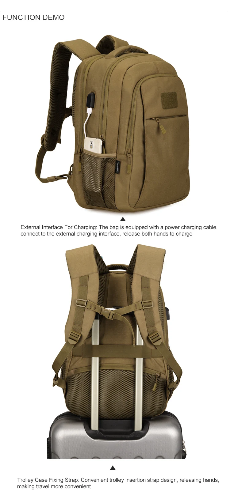 Waterproof 600D Oxford Camping Trekking Hunting Tactical Backpack MOLLE Bag Hiking Daypacks With Power Charging 5