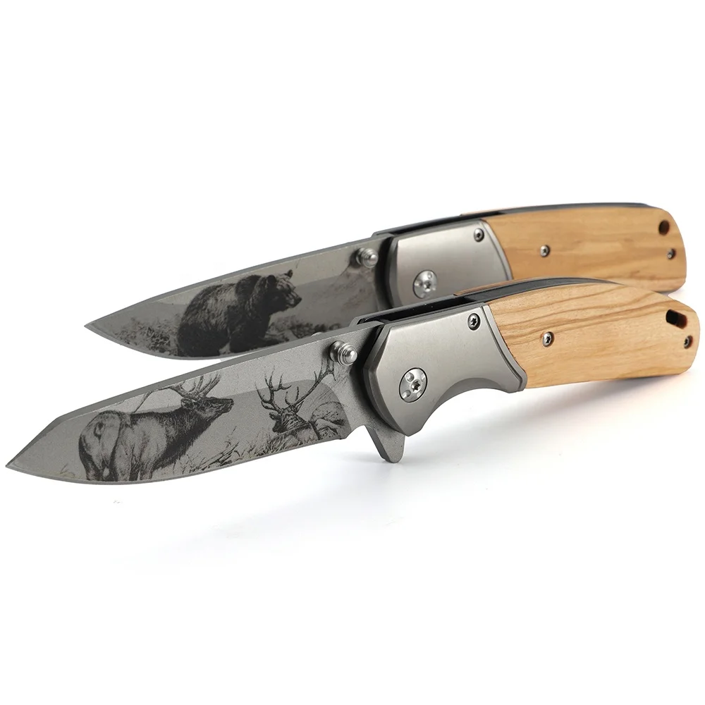 OEM Bear Elk Olive Wooden Handle Camping Survival Tactical Folding Pocket Hunting Knife