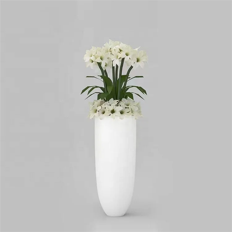Chinese Home Garden Big Round Shape Fiber Glass Standing Planter White Resin Tall Floor Pots
