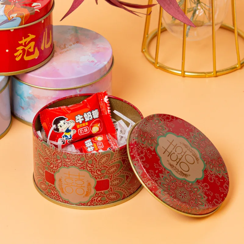 Most popular round tinplate wedding candy box printing small chocolate with souvenir candy packaging tinplate box