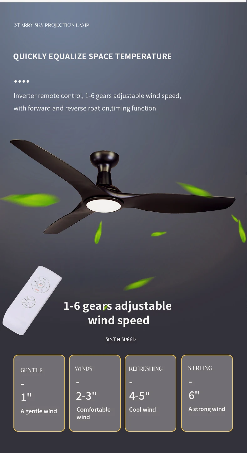 Aiertec 52-дюймовый современные светодиодные потолочные вентиляторы с подсветкой и пультом дистанционного управления черный 3 лезвия АБС медным мотором 6-с двумя выходами высокой скоростью