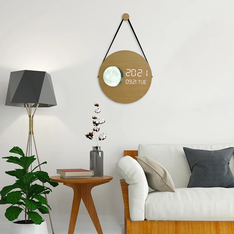 EMAF 12 inch large luxury LED simulation Moon Phases wooden LED digital wall clock minimalist decorative modern wall clock
