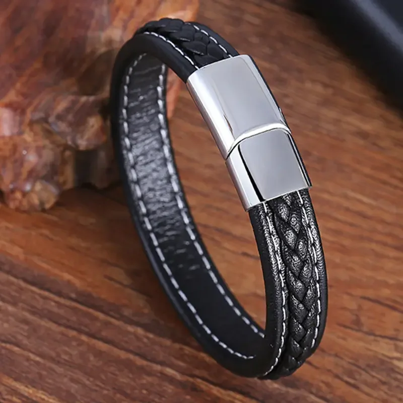Luxury Hand-Woven Combination Stitching Stainless Steel Leather Bracelet Black Brown Genuine Leather Bangles Jewelry Gift OT-066