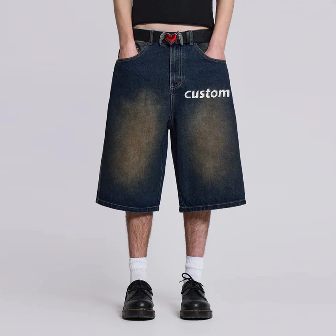 American high streetwear distressed denim baggy washed jorts men manufacturers low moq black fashion denim jeans shorts men