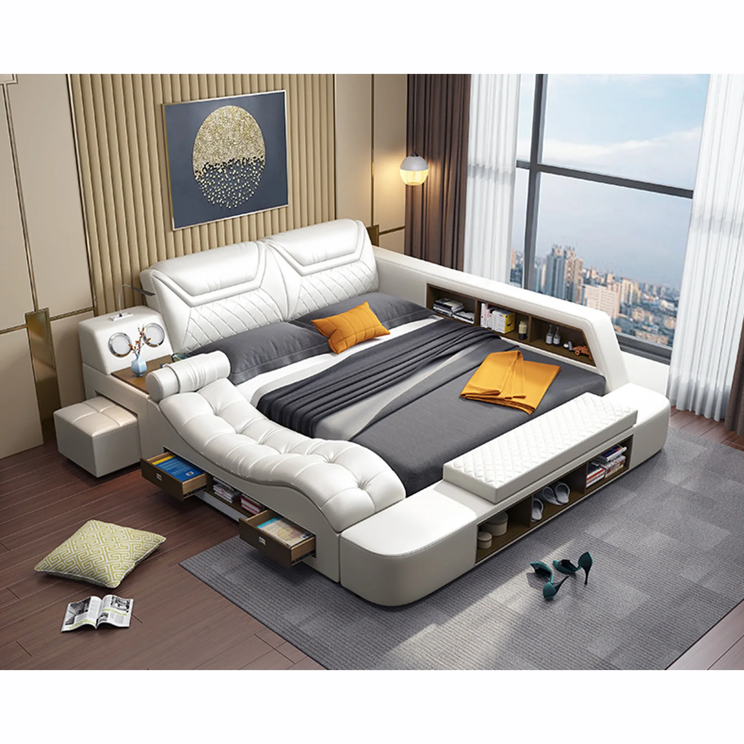 Multi-functional tatami storage leather bed