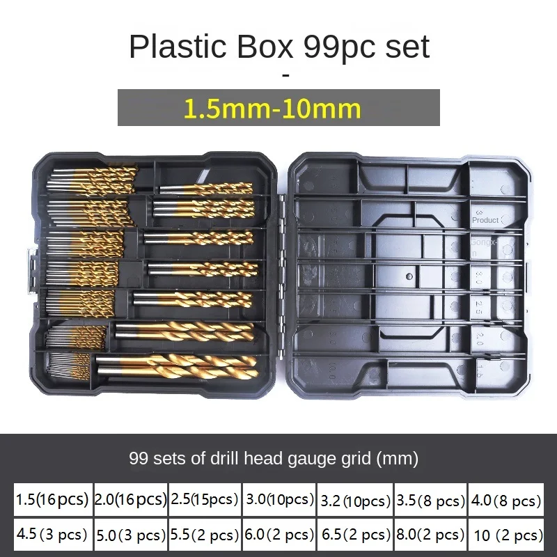 99pcs Titanium-Coated Drill Bit Set,Straight Shank Twist Drill.Versatile HSS Kit for Metals, Wood and Plastic,Round Handle