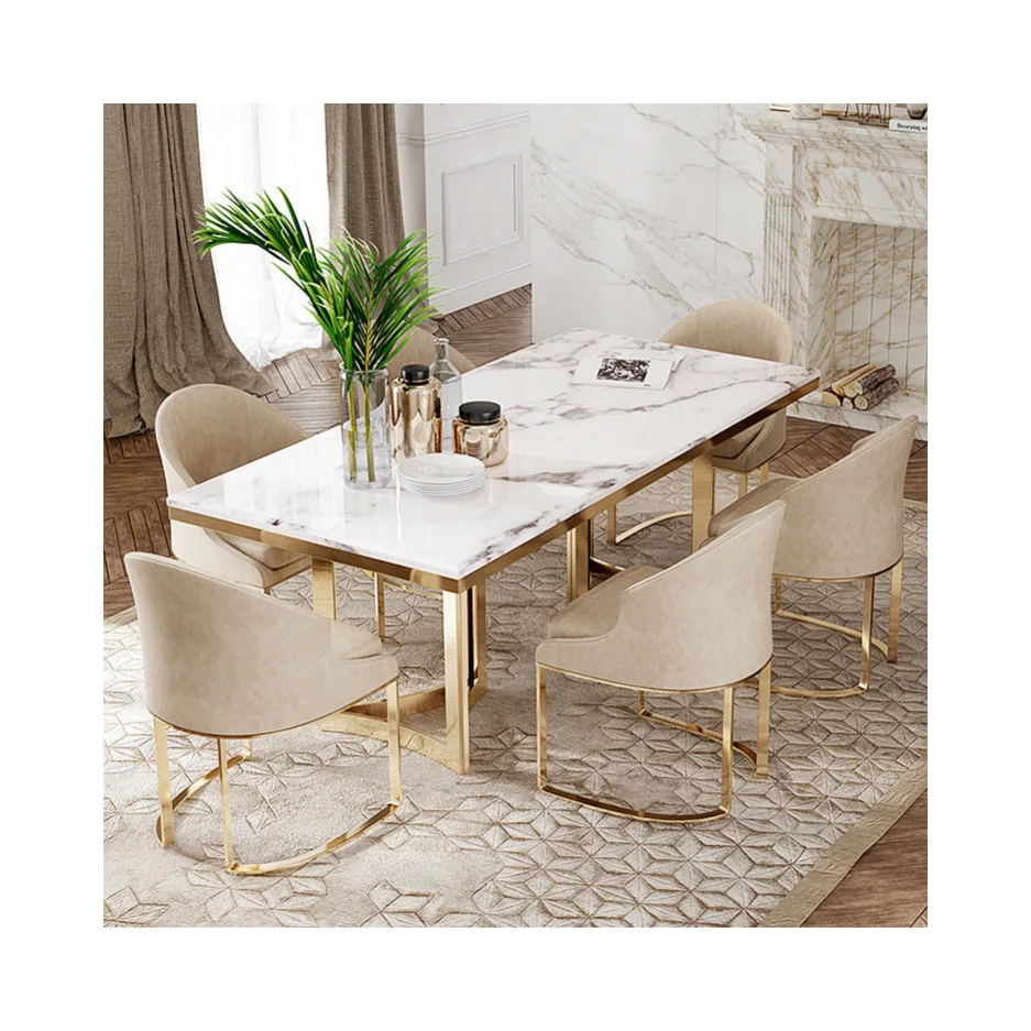 Роскошный итальянский кожаный обед ужин стол и стулья 6 класса люкс столовые Современные Мраморные столовая мебель столовый