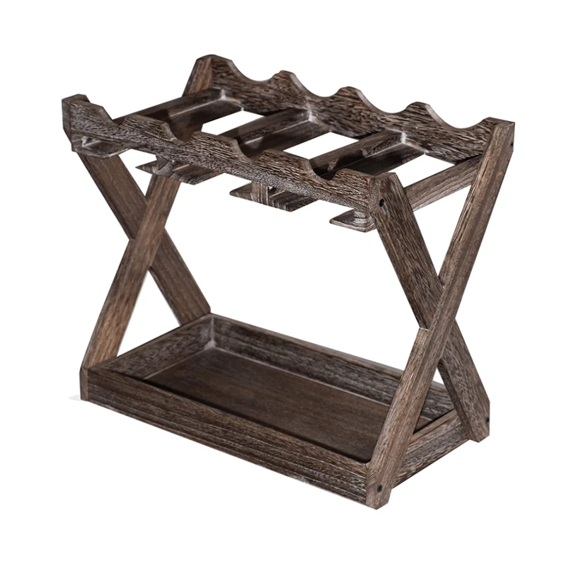 Rustic 6 Glass Display Rack Bottled Wooden Wine Racks With Storage Tray Table Top 4 Bottle Holder Free Standing Floor