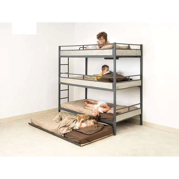 Modern Metal Triple Bunk Bed With Slide-Out Bottom Mattress Perfect For Kids Teenagers And Dormitory Use