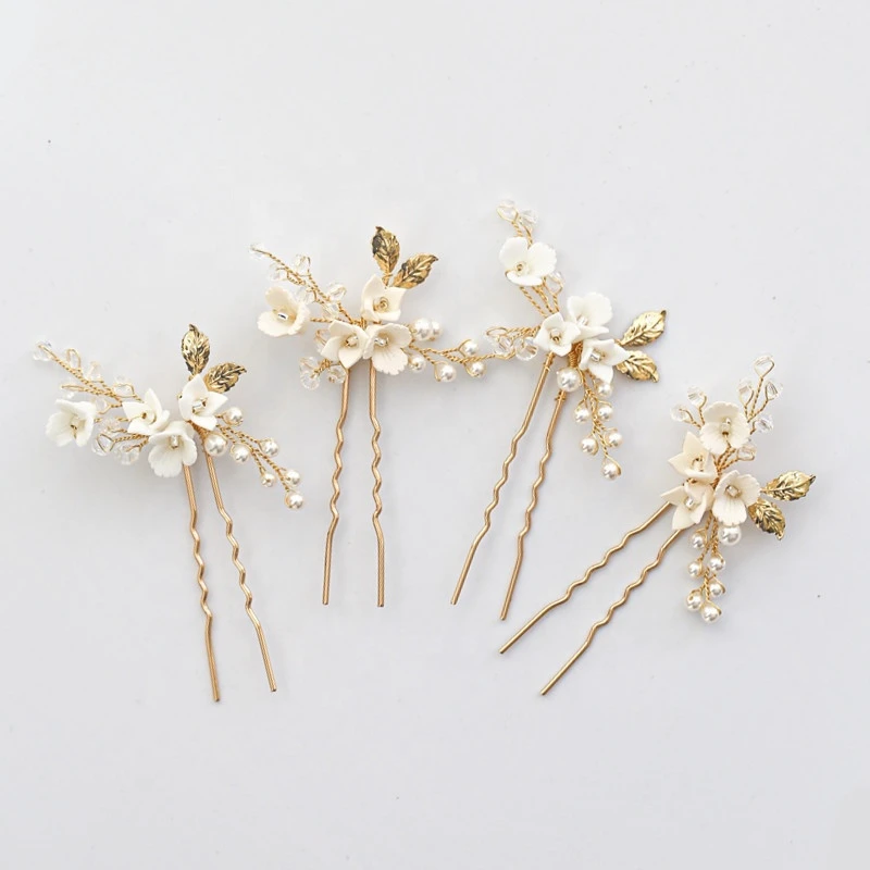 Sandro Bridal Wedding Vintage Hair Pin White Flower Gold Leaves Fancy Hairpin