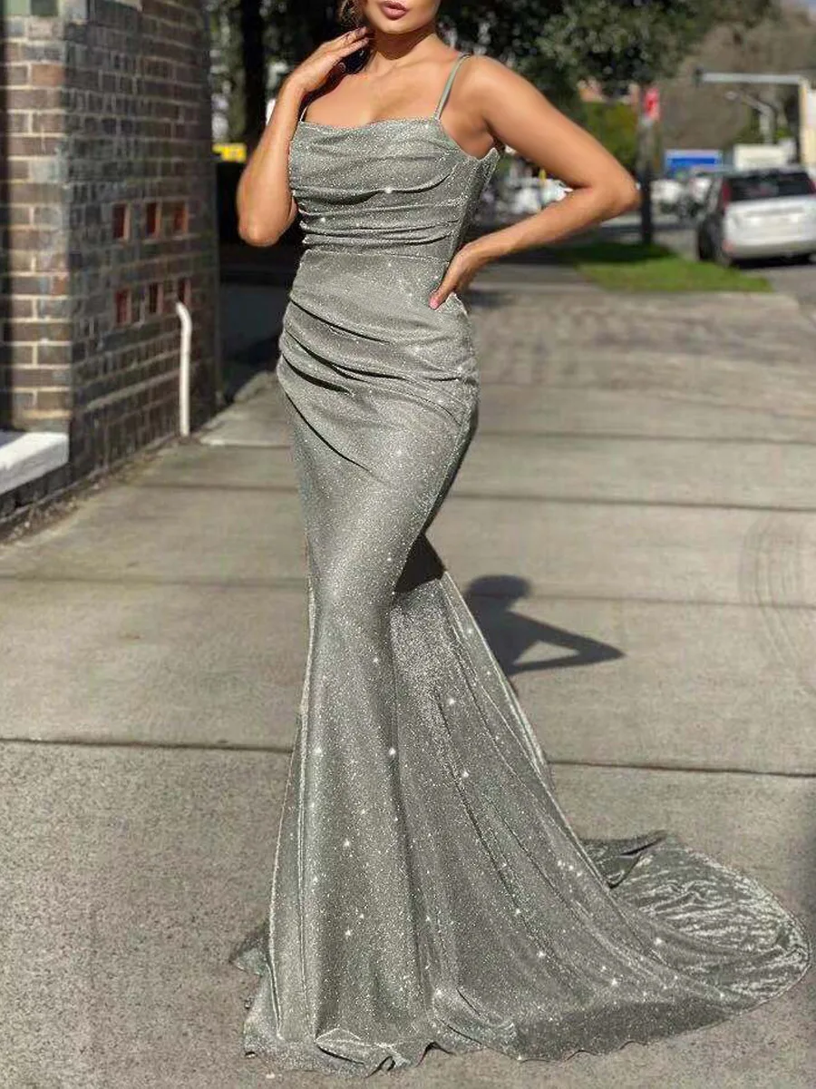 Hot sale strap square neck shiny maxi evening party birthday big gowns ball dress